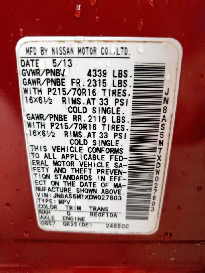 2013 Nissan Rogue S VIN: JN8AS5MTXDW027603 Lot: 62965965