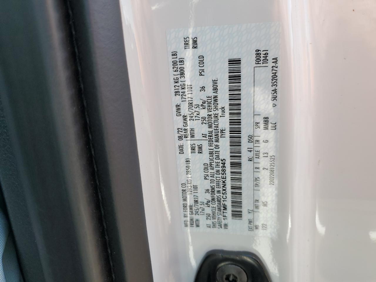 2022 Ford F150 VIN: 1FTMF1C5XNKE58945 Lot: 62158865