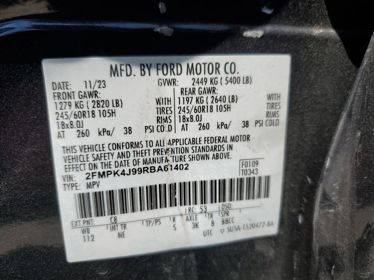 2024 Ford Edge Sel VIN: 2FMPK4J99RBA61402 Lot: 62554785