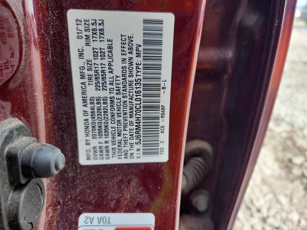 2012 Honda Cr-V Exl VIN: 5J6RM4H70CL016135 Lot: 61916025