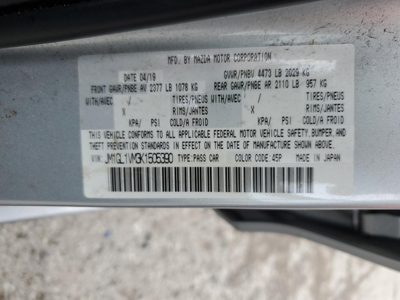 2019 Mazda 6 Touring VIN: JM1GL1VM3K1505390 Lot: 61621285