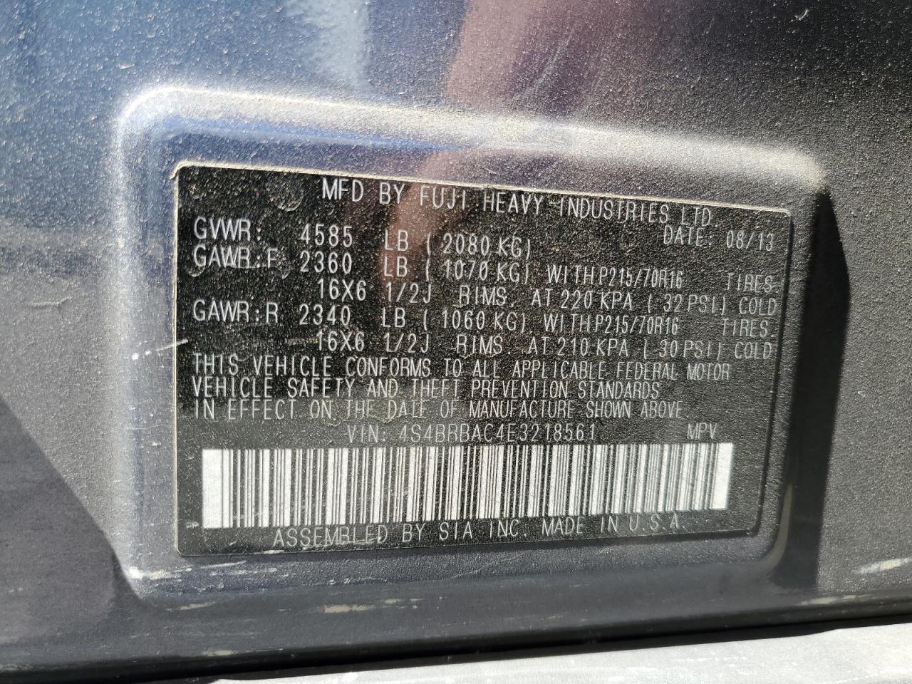 2014 Subaru Outback 2.5I VIN: 4S4BRBAC4E3218561 Lot: 62953355