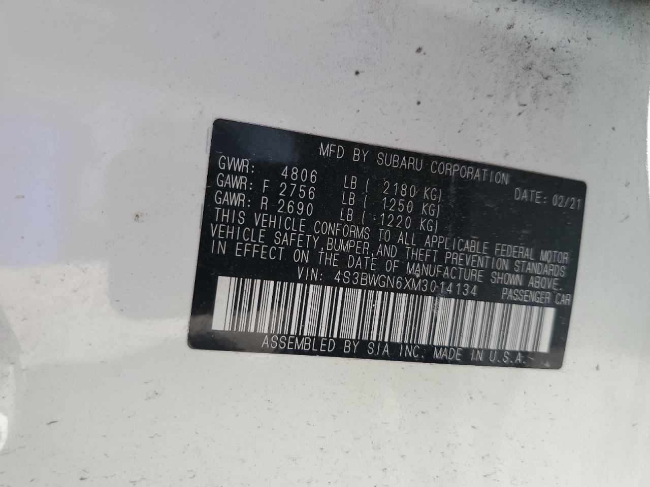 2021 Subaru Legacy Limited Xt VIN: 4S3BWGN6XM3014134 Lot: 59313285