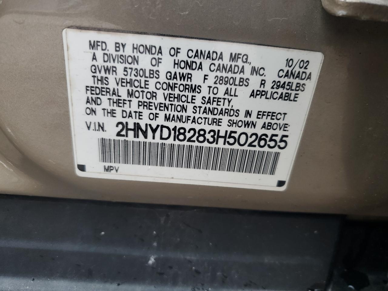 2003 Acura Mdx VIN: 2HNYD18283H502655 Lot: 60440385