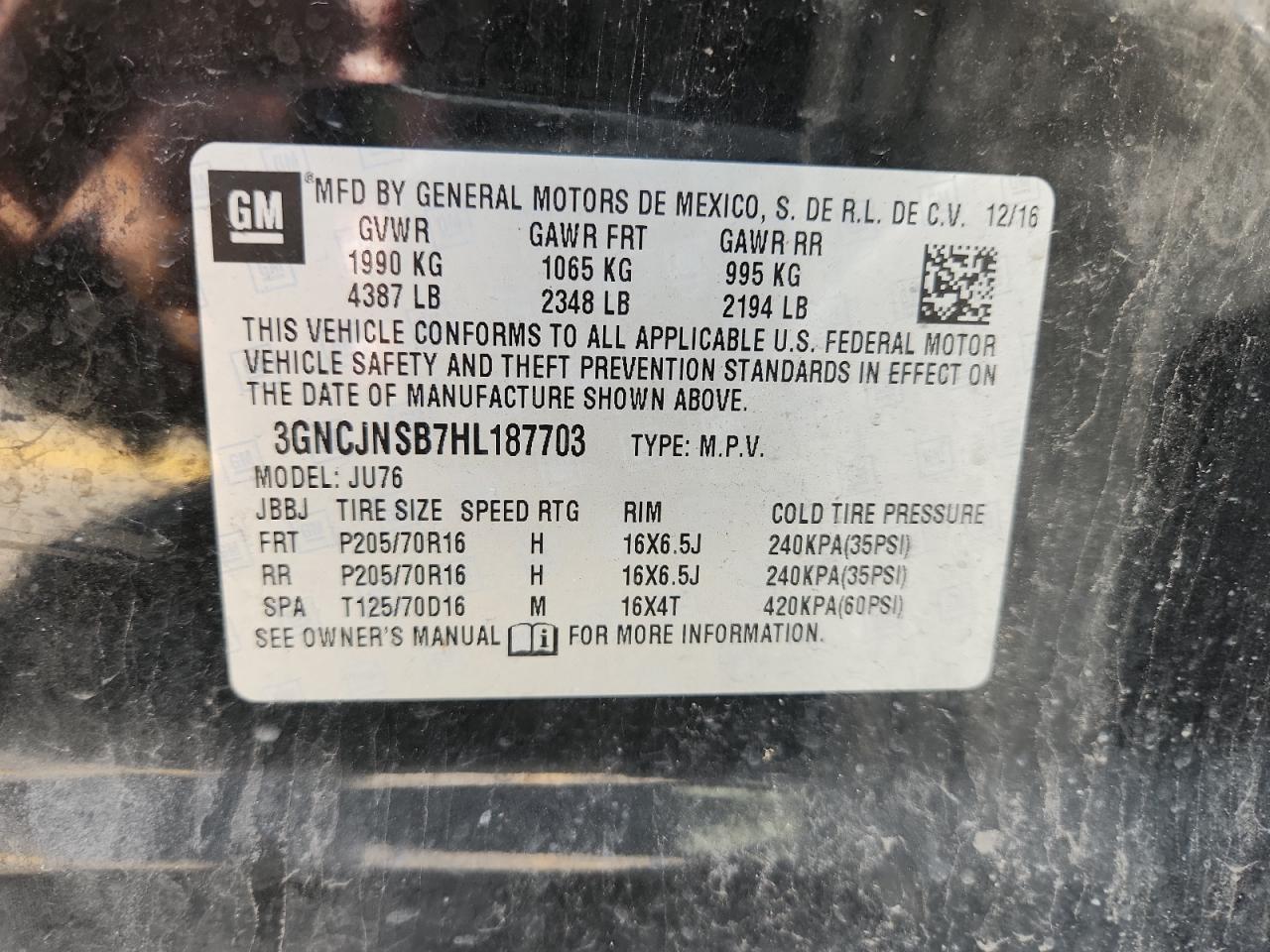 2017 Chevrolet Trax Ls VIN: 3GNCJNSB7HL187703 Lot: 62509185