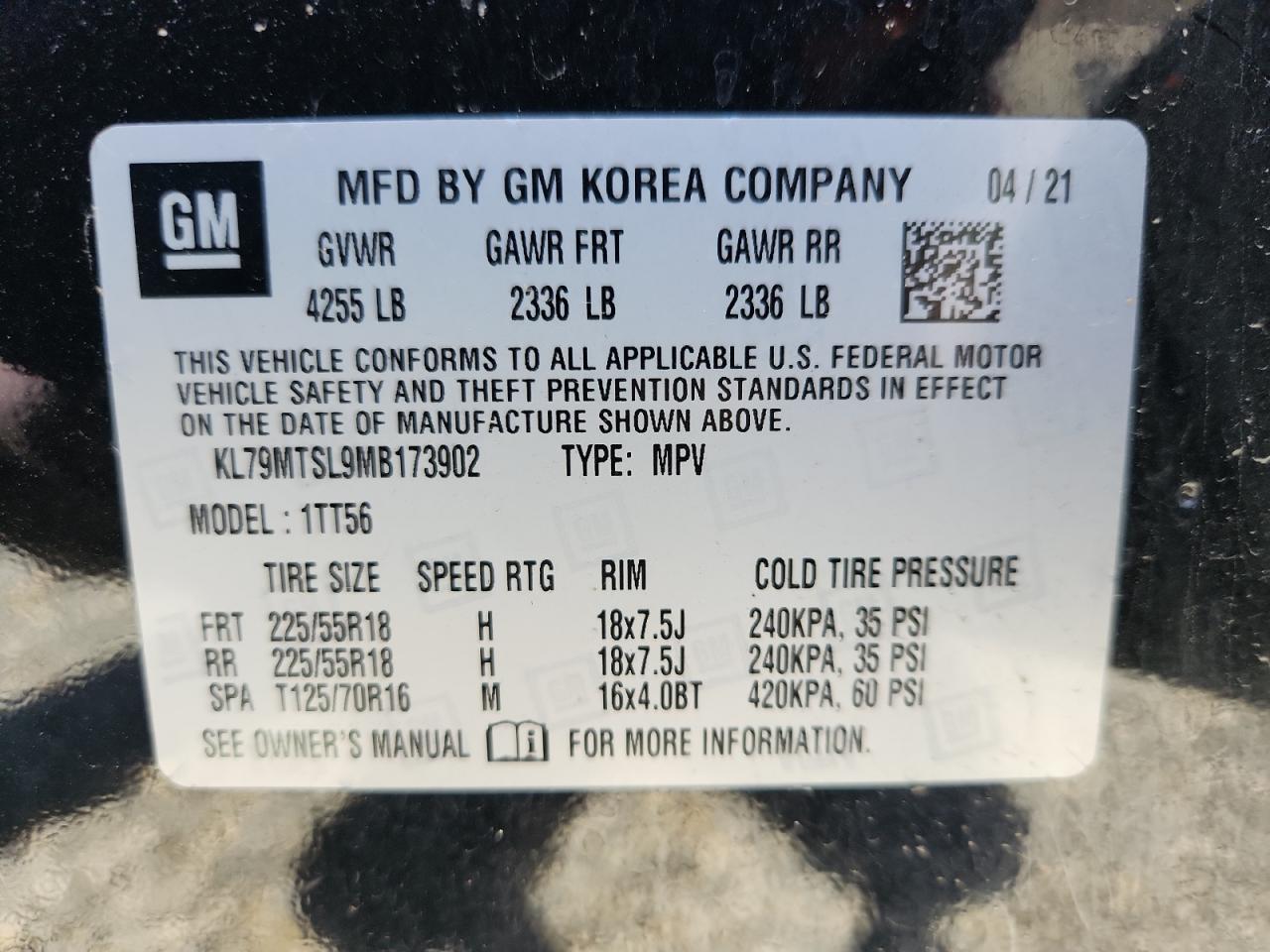 2021 Chevrolet Trailblazer Rs VIN: KL79MTSL9MB173902 Lot: 60472425
