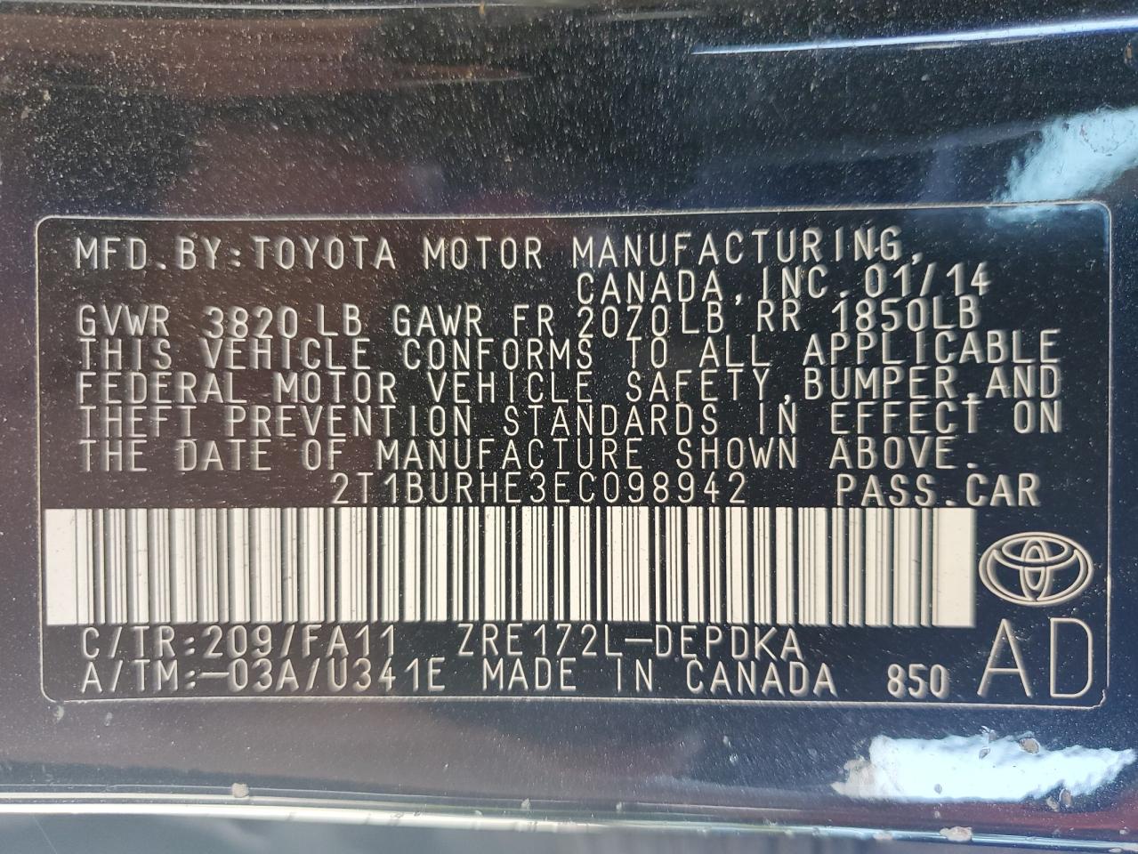 2014 Toyota Corolla L VIN: 2T1BURHE3EC098942 Lot: 61746135