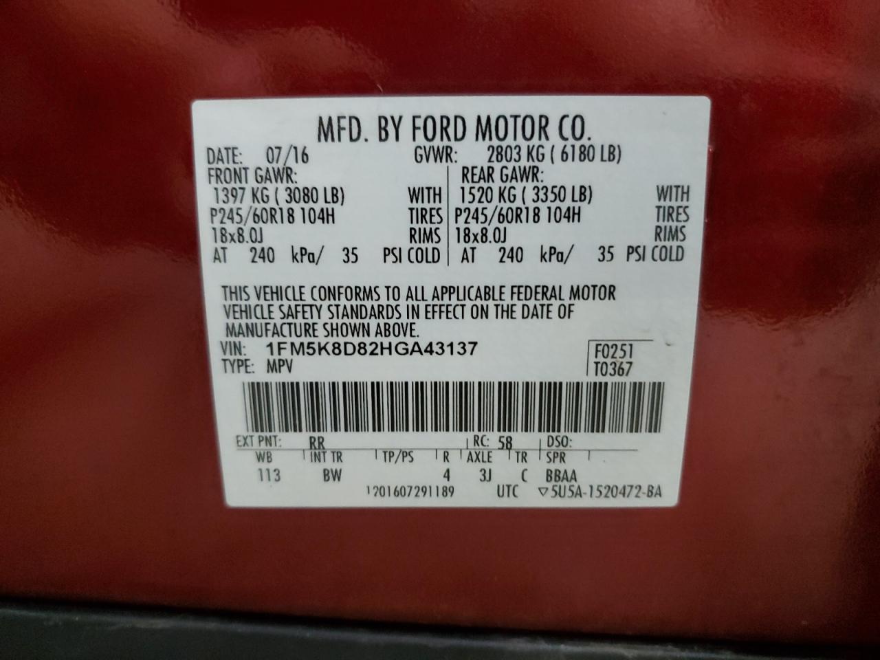 2017 Ford Explorer Xlt VIN: 1FM5K8D82HGA43137 Lot: 61988865