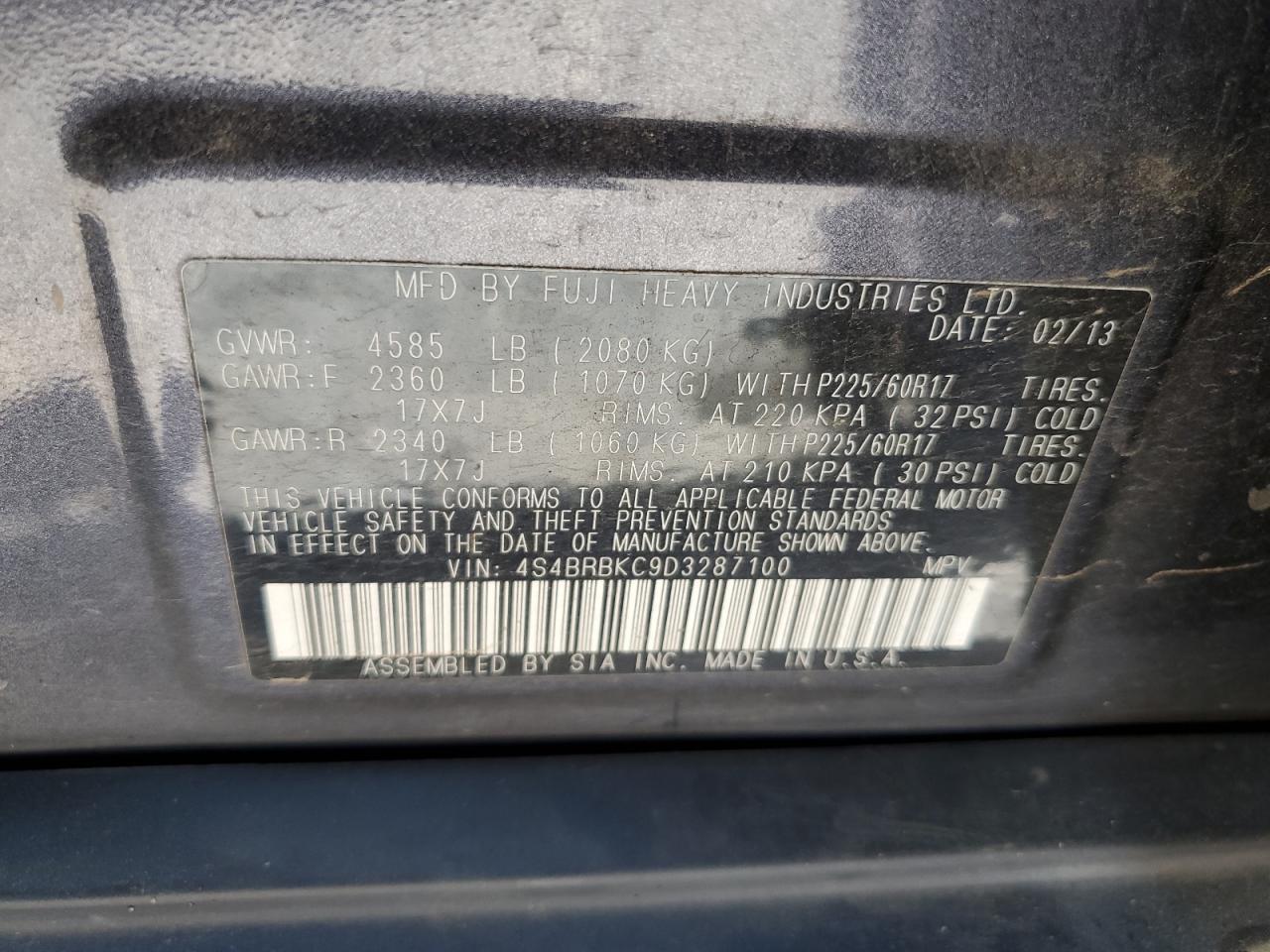 2013 Subaru Outback 2.5I Limited VIN: 4S4BRBKC9D3287100 Lot: 59988795