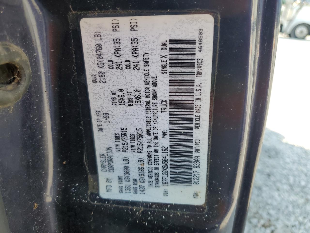 1998 Dodge Dakota VIN: 1B7FL26X9WS641162 Lot: 59421575