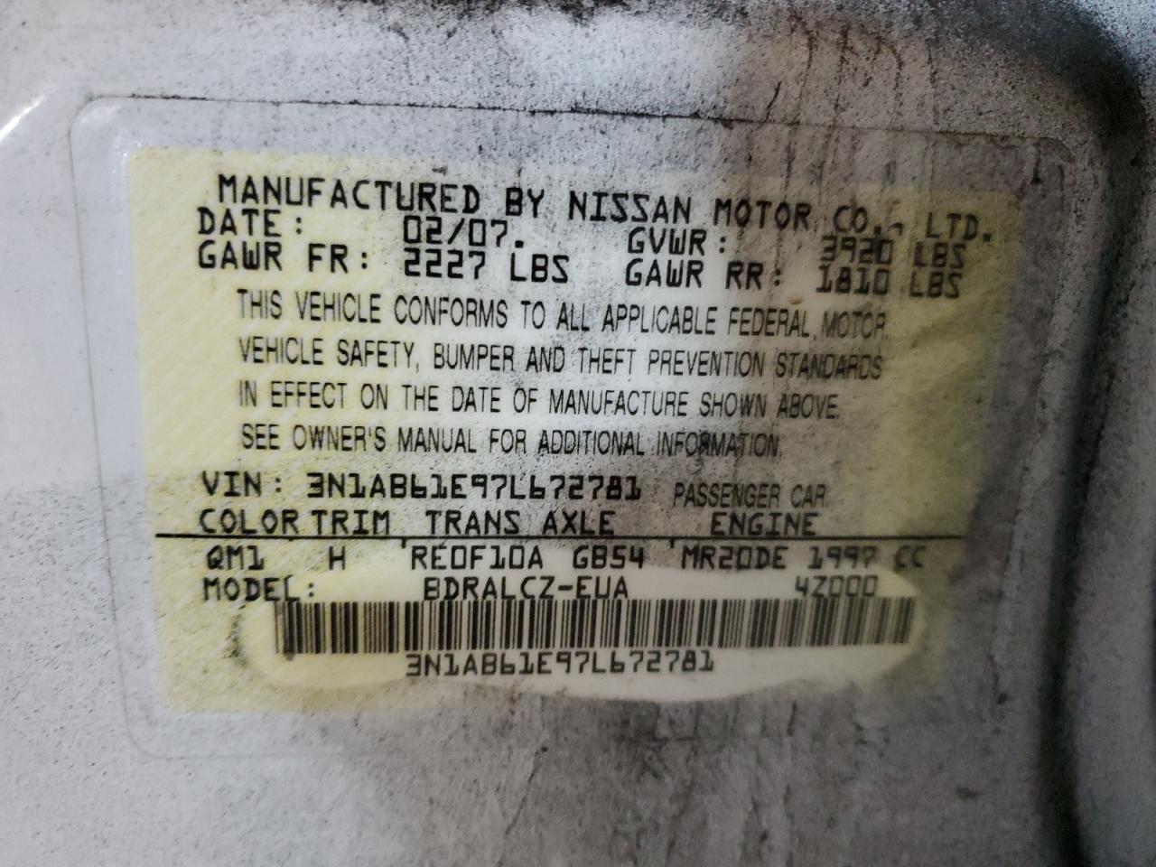 2007 Nissan Sentra 2.0 VIN: 3N1AB61E97L672781 Lot: 62889825