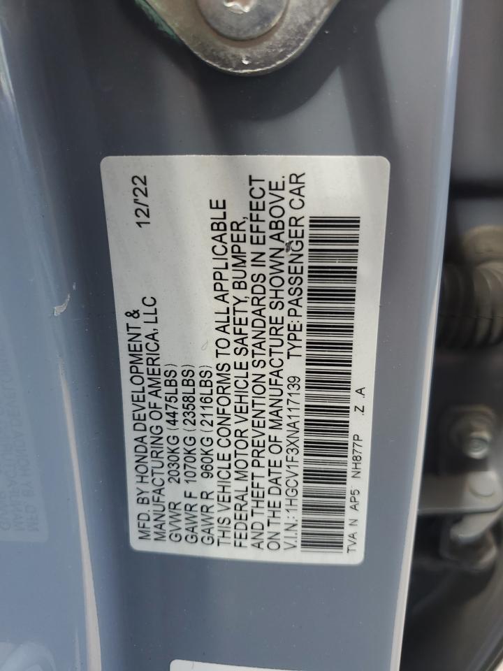 2022 Honda Accord Sport VIN: 1HGCV1F3XNA117139 Lot: 65138375