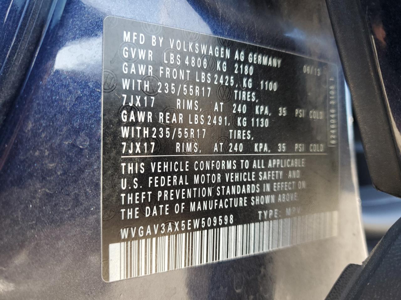 2014 Volkswagen Tiguan S VIN: WVGAV3AX5EW509598 Lot: 61311955