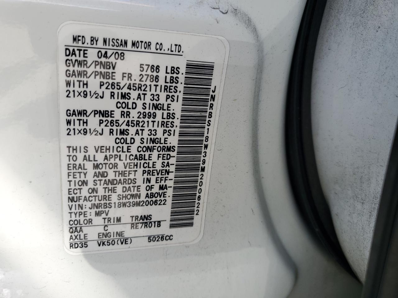 2009 Infiniti Fx50 VIN: JNRBS18W39M200621 Lot: 62398215