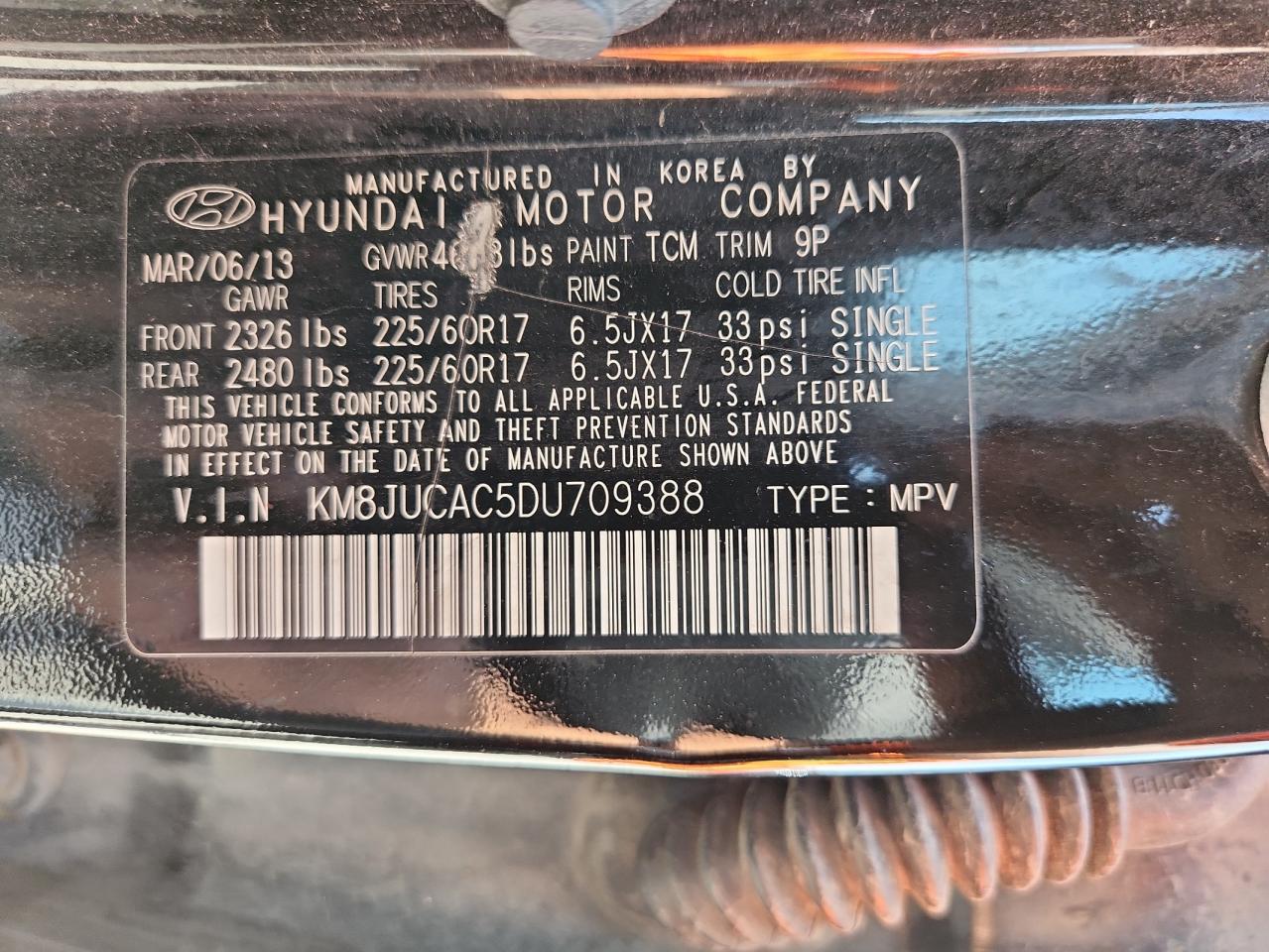 2013 Hyundai Tucson Gls VIN: KM8JUCAC5DU709388 Lot: 60705045