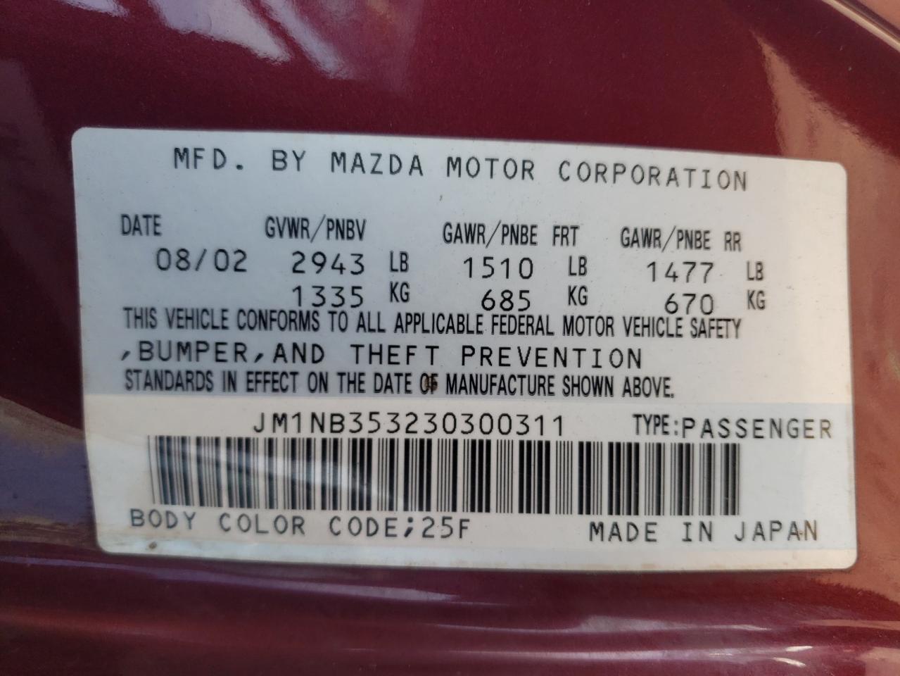 2003 Mazda Mx-5 Miata Base VIN: JM1NB353230300311 Lot: 61742985