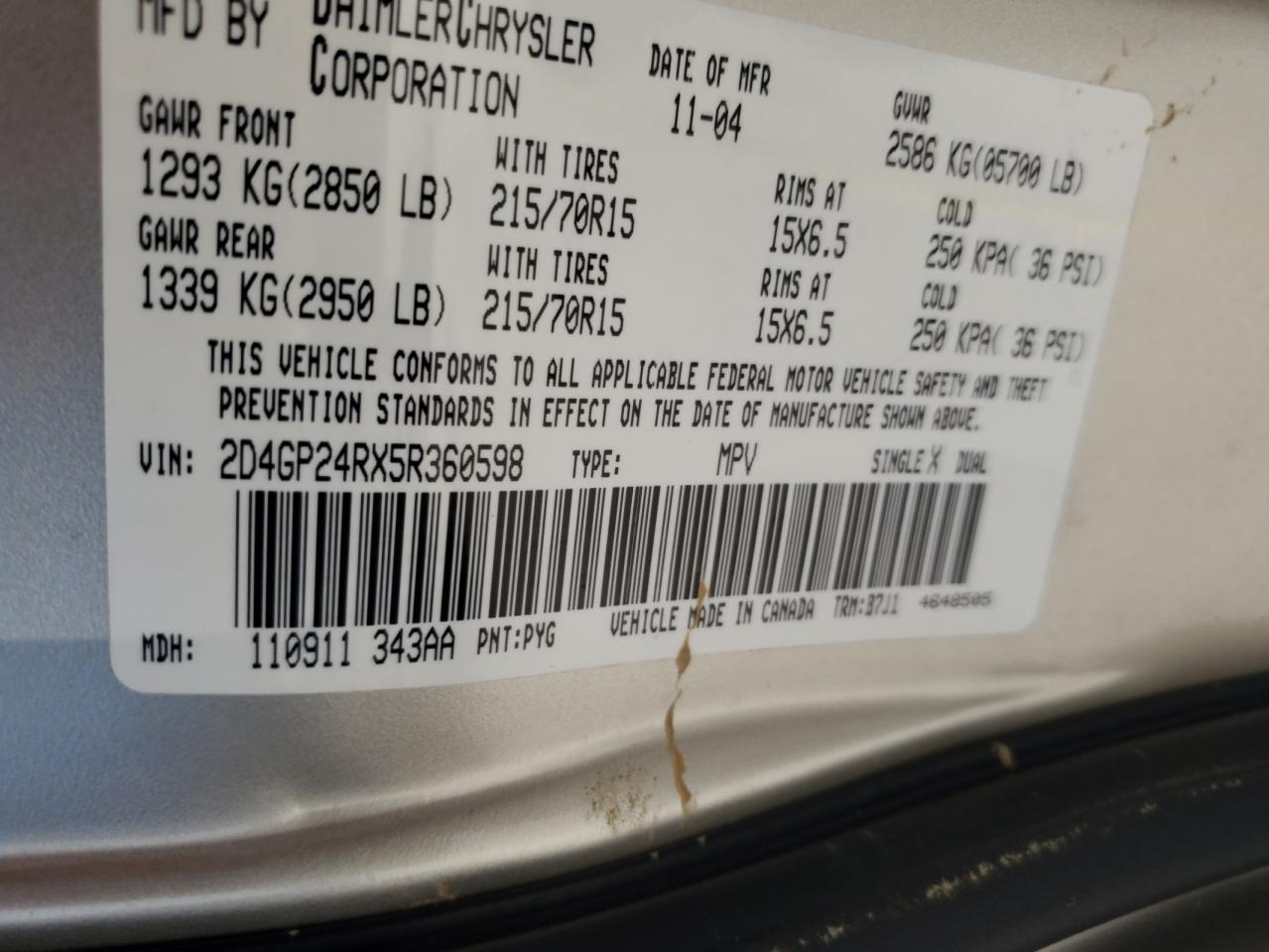 2005 Dodge Grand Caravan Se VIN: 2D4GP24RX5R360598 Lot: 60288075