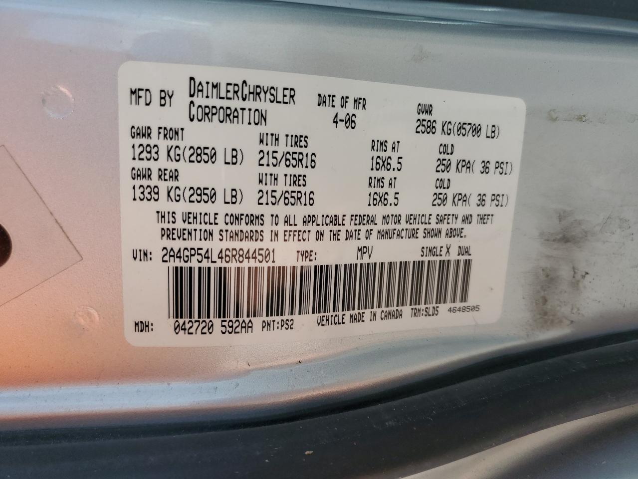 2006 Chrysler Town & Country Touring VIN: 2A4GP54L46R844501 Lot: 62218275