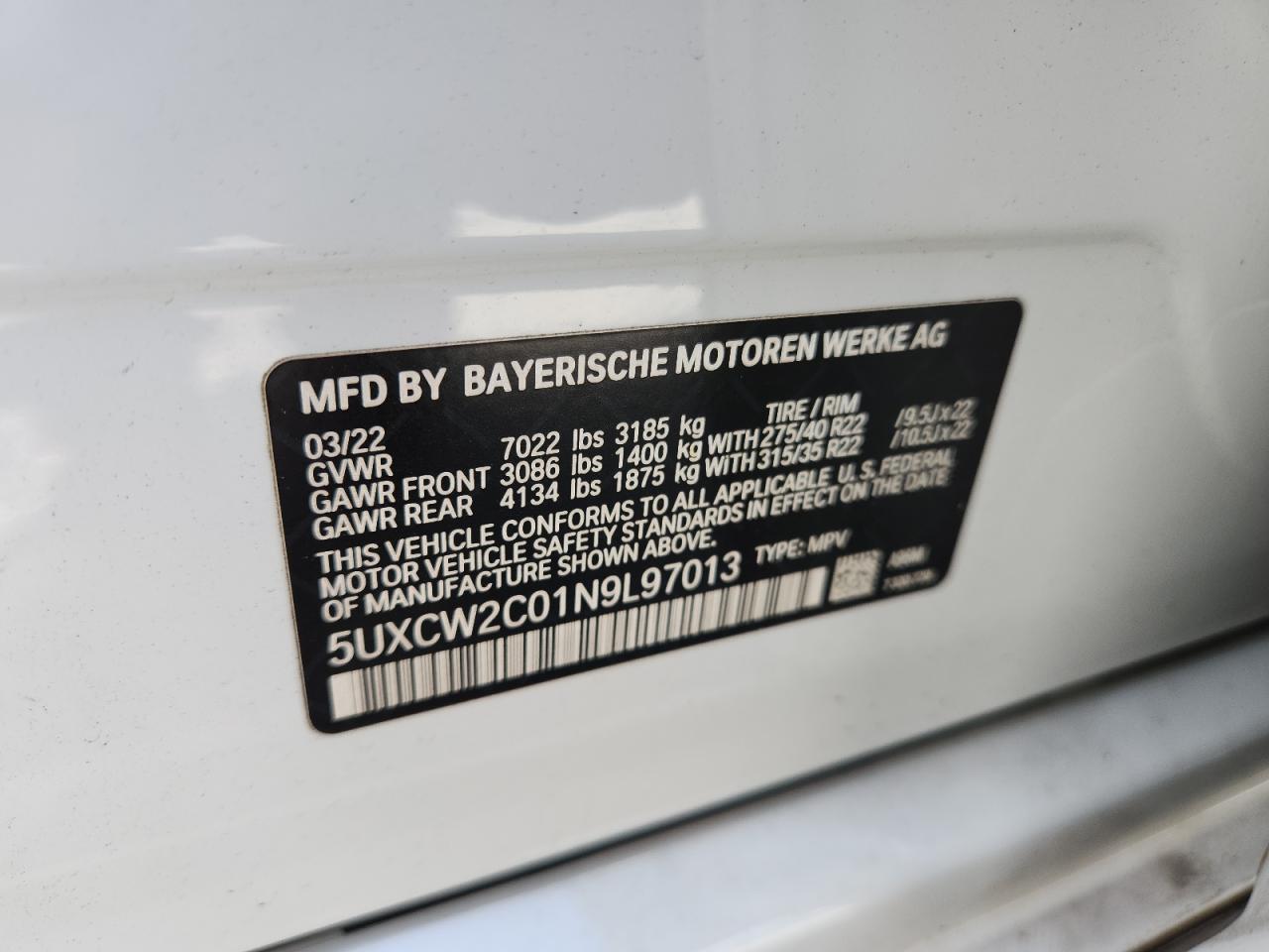 2022 BMW X7 xDrive40I VIN: 5UXCW2C01N9L97013 Lot: 61482235