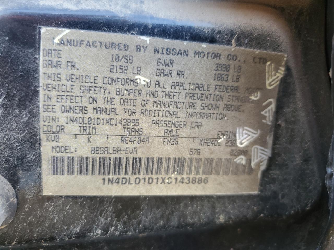 1999 Nissan Altima Xe VIN: 1N4DL01D1XC143886 Lot: 60760695
