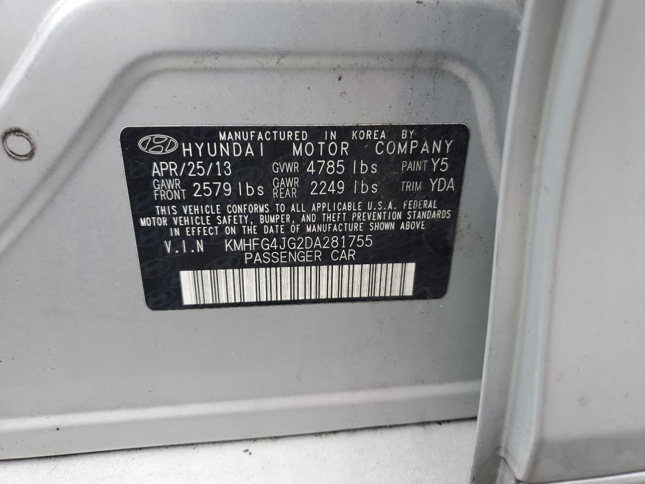 2013 Hyundai Azera VIN: KMHFG4JG2DA281755 Lot: 61547995
