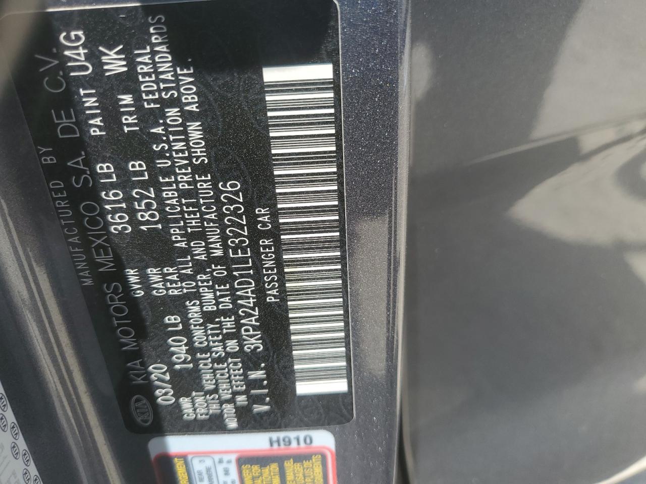 2020 Kia Rio Lx VIN: 3KPA24AD1LE322326 Lot: 61190885