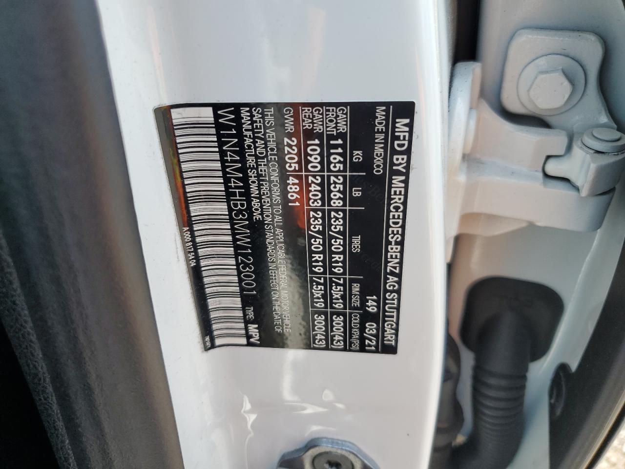 2021 Mercedes-Benz Glb 250 4Matic VIN: W1N4M4HB3MW123001 Lot: 58248035