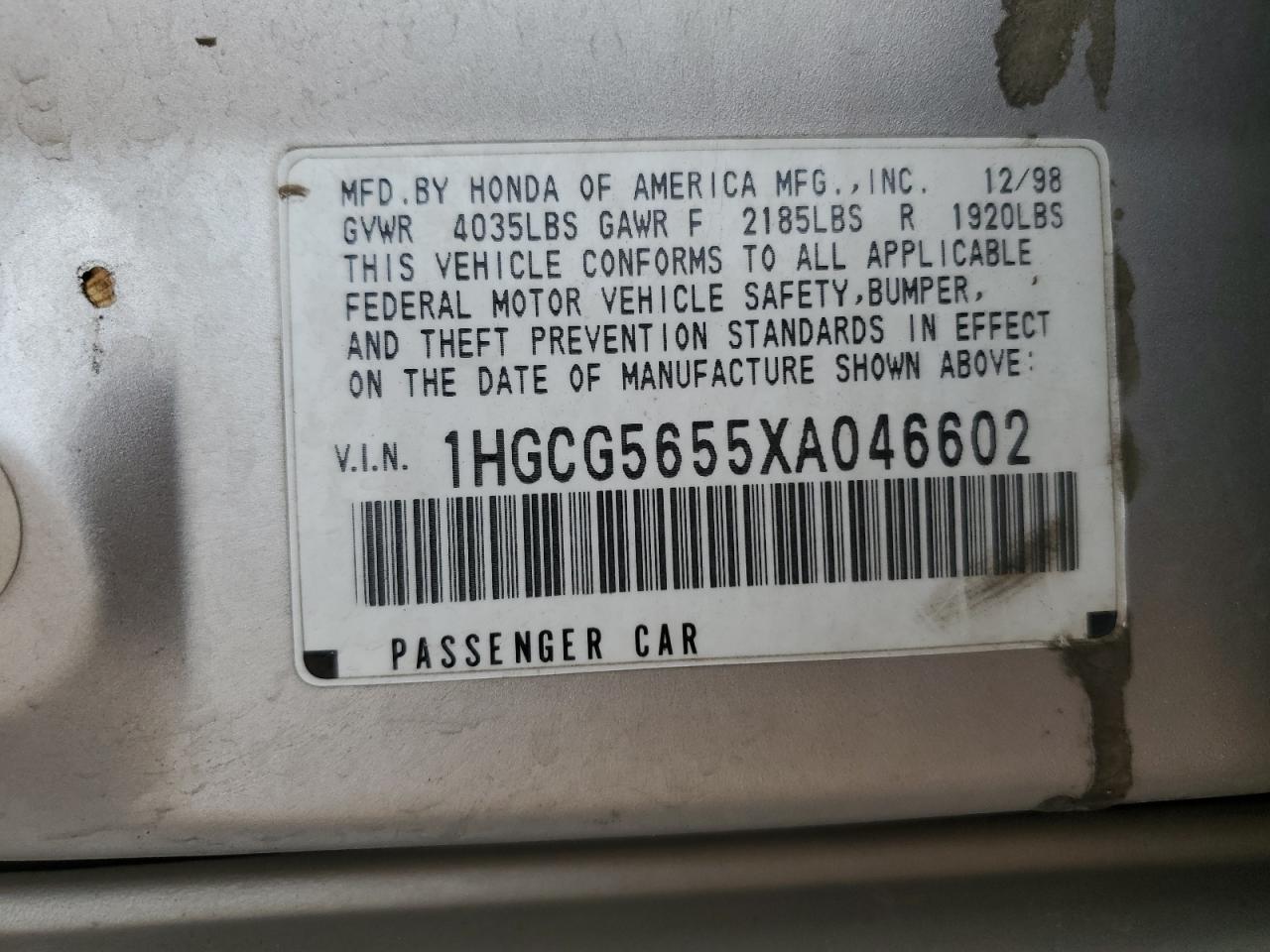 1999 Honda Accord Ex VIN: 1HGCG5655XA046602 Lot: 60259025