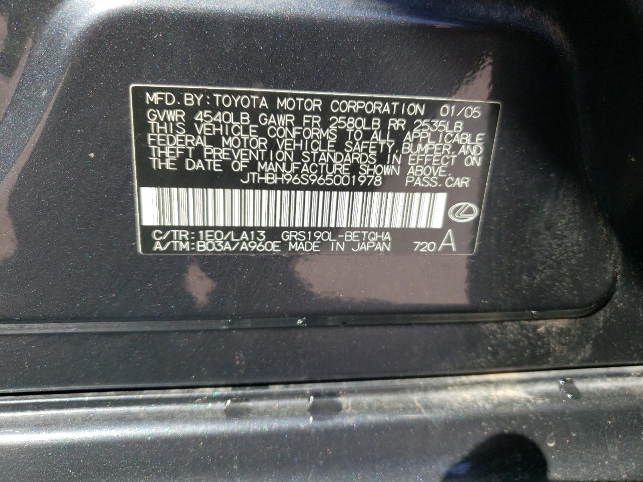2006 Lexus Gs 300 VIN: JTHBH96S965001978 Lot: 61783905