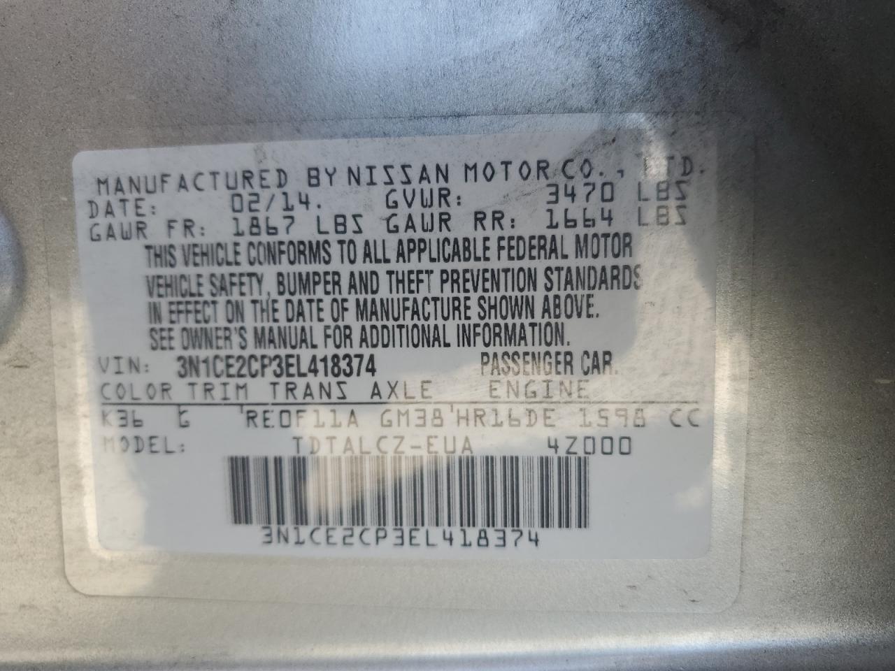 2014 Nissan Versa Note S VIN: 3N1CE2CP3EL418374 Lot: 60466265