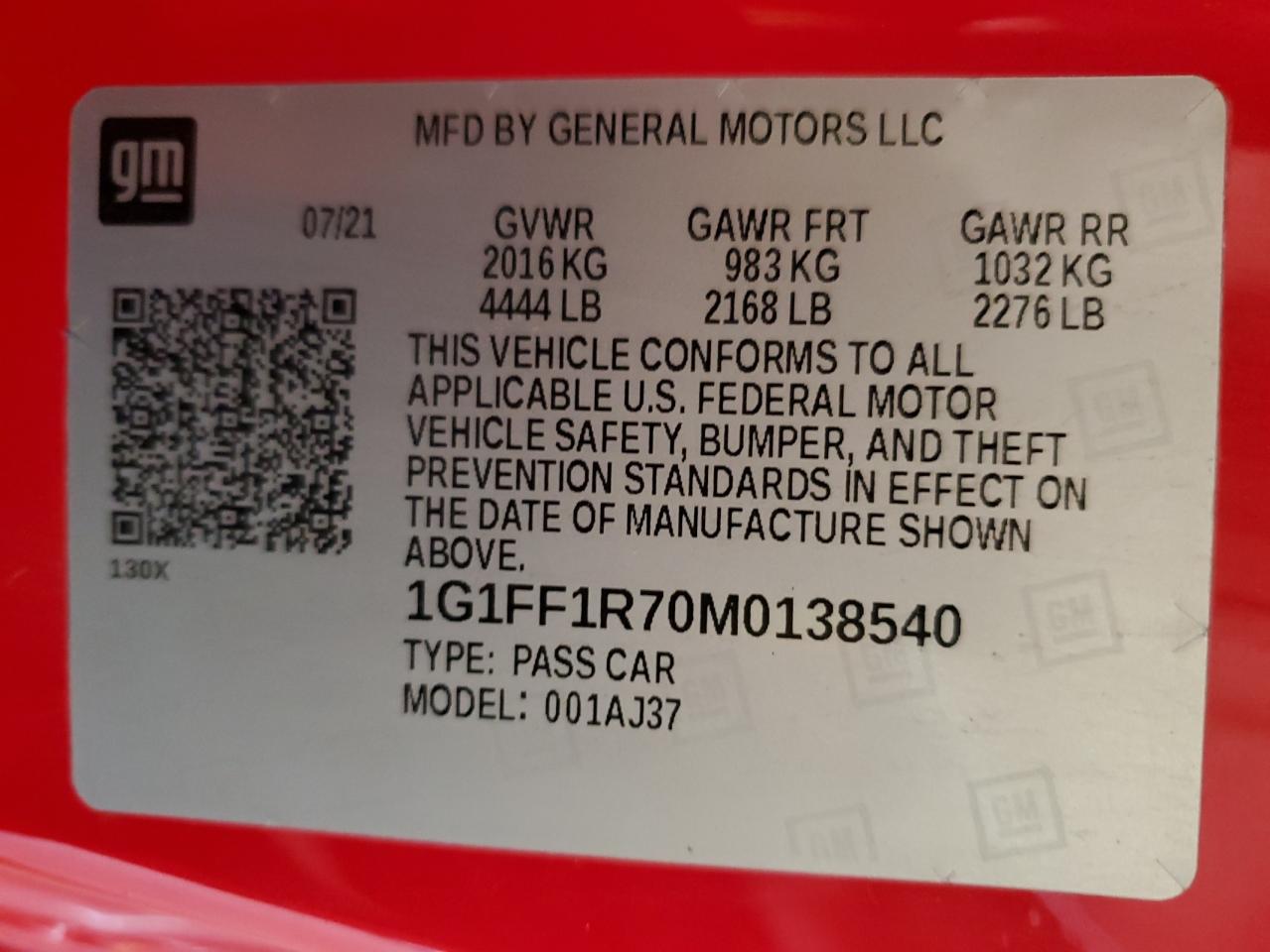 2021 Chevrolet Camaro Lz VIN: 1G1FF1R70M0138540 Lot: 59796775