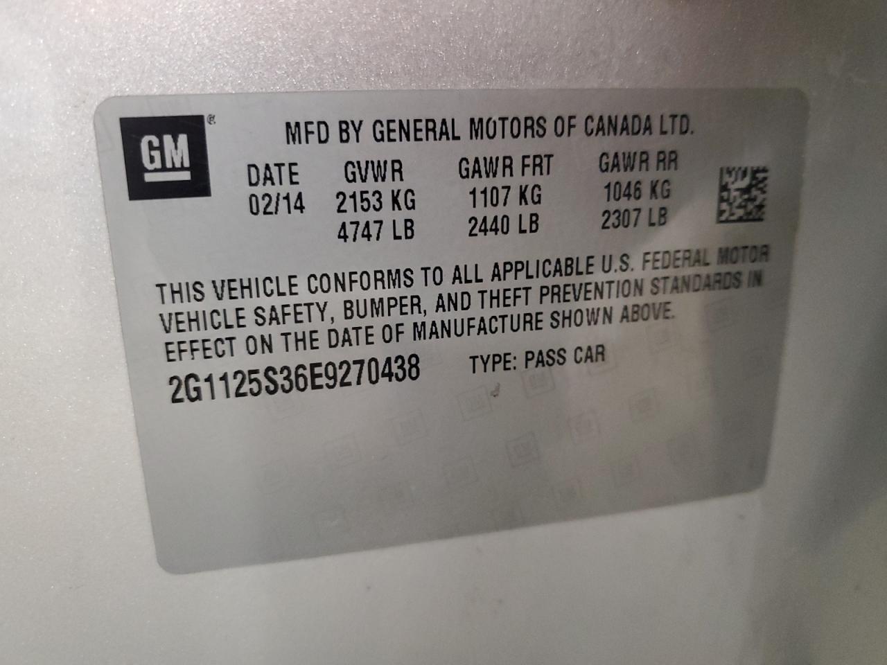 2014 Chevrolet Impala Lt VIN: 2G1125S36E9270438 Lot: 62303115