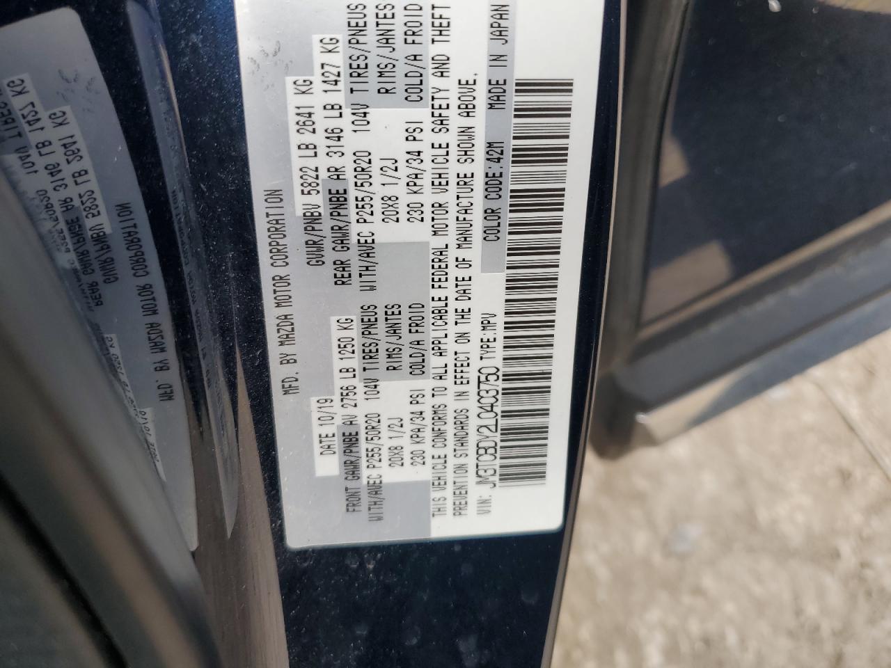 2020 Mazda Cx-9 Grand Touring VIN: JM3TCBDY2L0403750 Lot: 62274935
