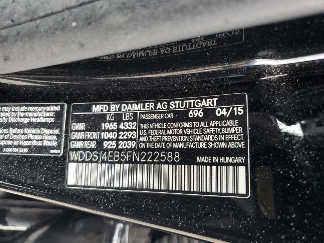 2015 Mercedes-Benz Cla 250 VIN: WDDSJ4EB5FN222588 Lot: 61238415