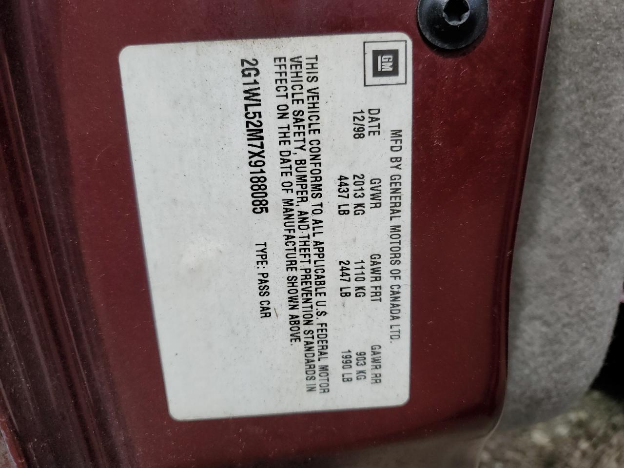 1999 Chevrolet Lumina Base VIN: 2G1WL52M7X9188085 Lot: 62547605