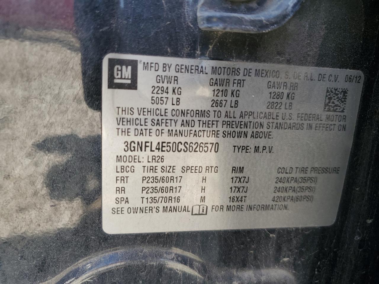 2012 Chevrolet Captiva Sport VIN: 3GNFL4E50CS626570 Lot: 62908685