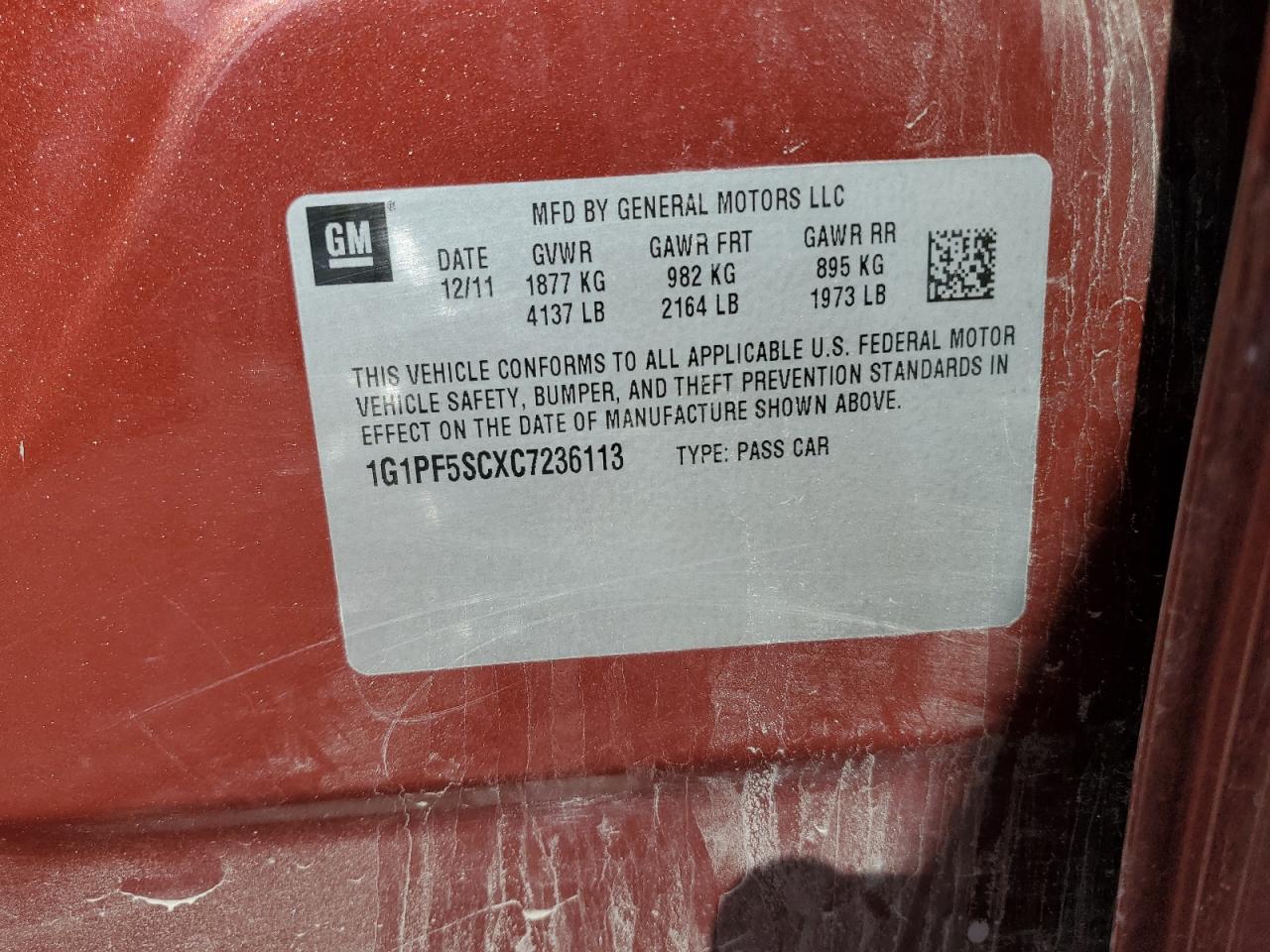 2012 Chevrolet Cruze Lt VIN: 1G1PF5SCXC7236113 Lot: 62355915