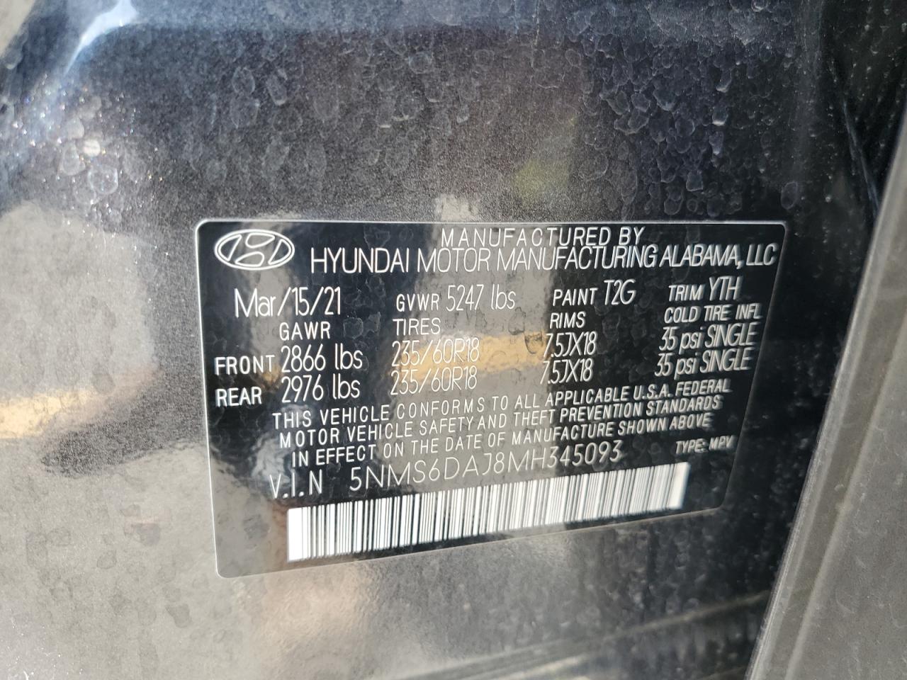 2021 Hyundai Santa Fe Sel VIN: 5NMS6DAJ8MH345093 Lot: 62199335