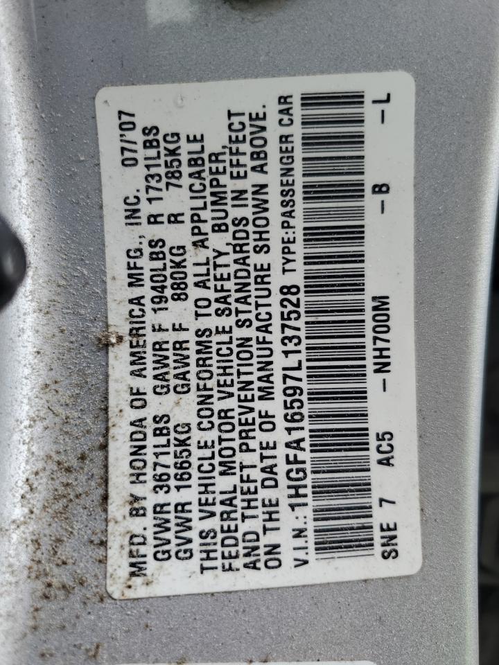 2007 Honda Civic Lx VIN: 1HGFA16597L137528 Lot: 62917795