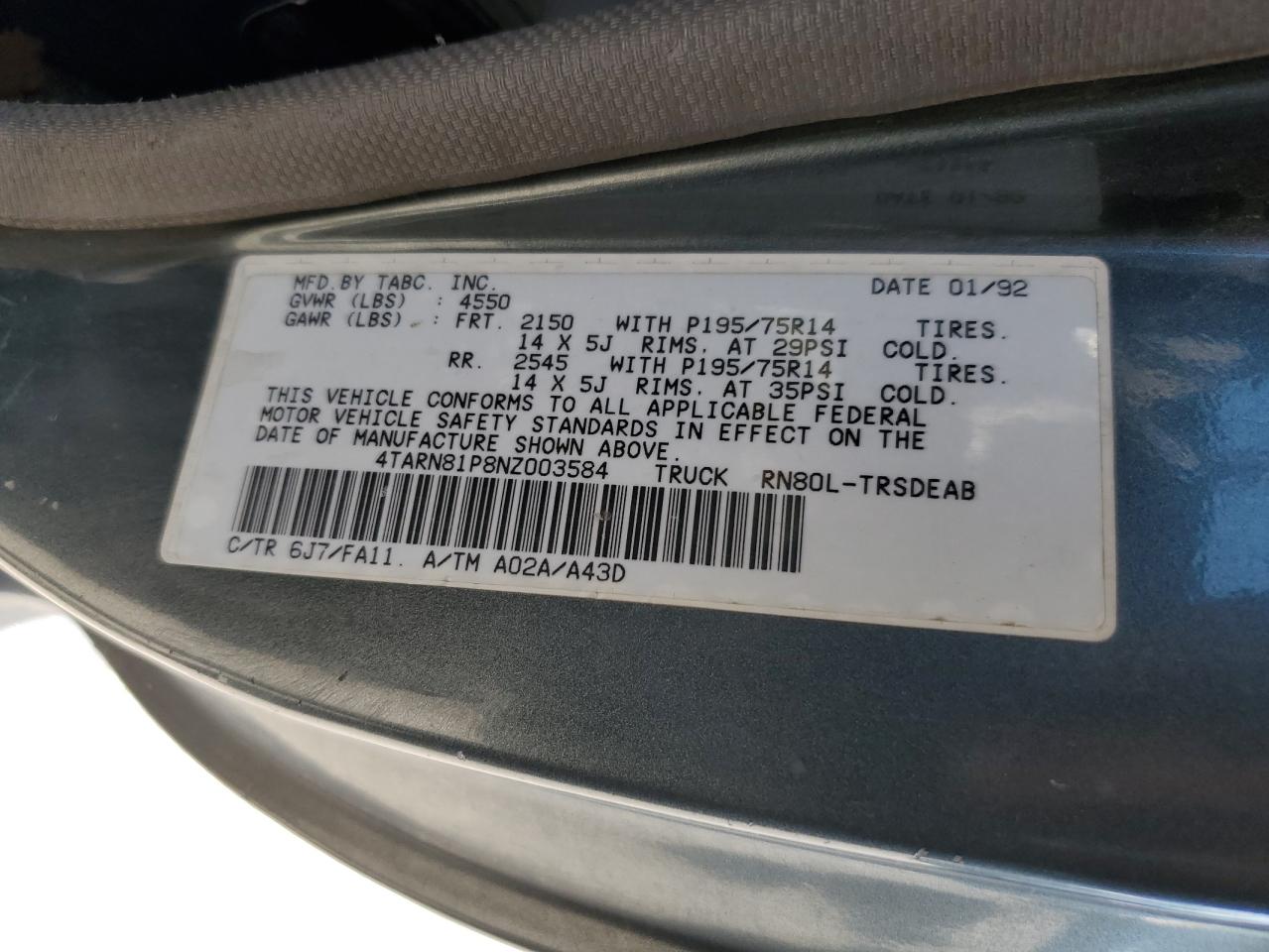 1992 Toyota Pickup 1/2 Ton Short Wheelbase Dlx VIN: 4TARN81P8NZ003584 Lot: 59506305