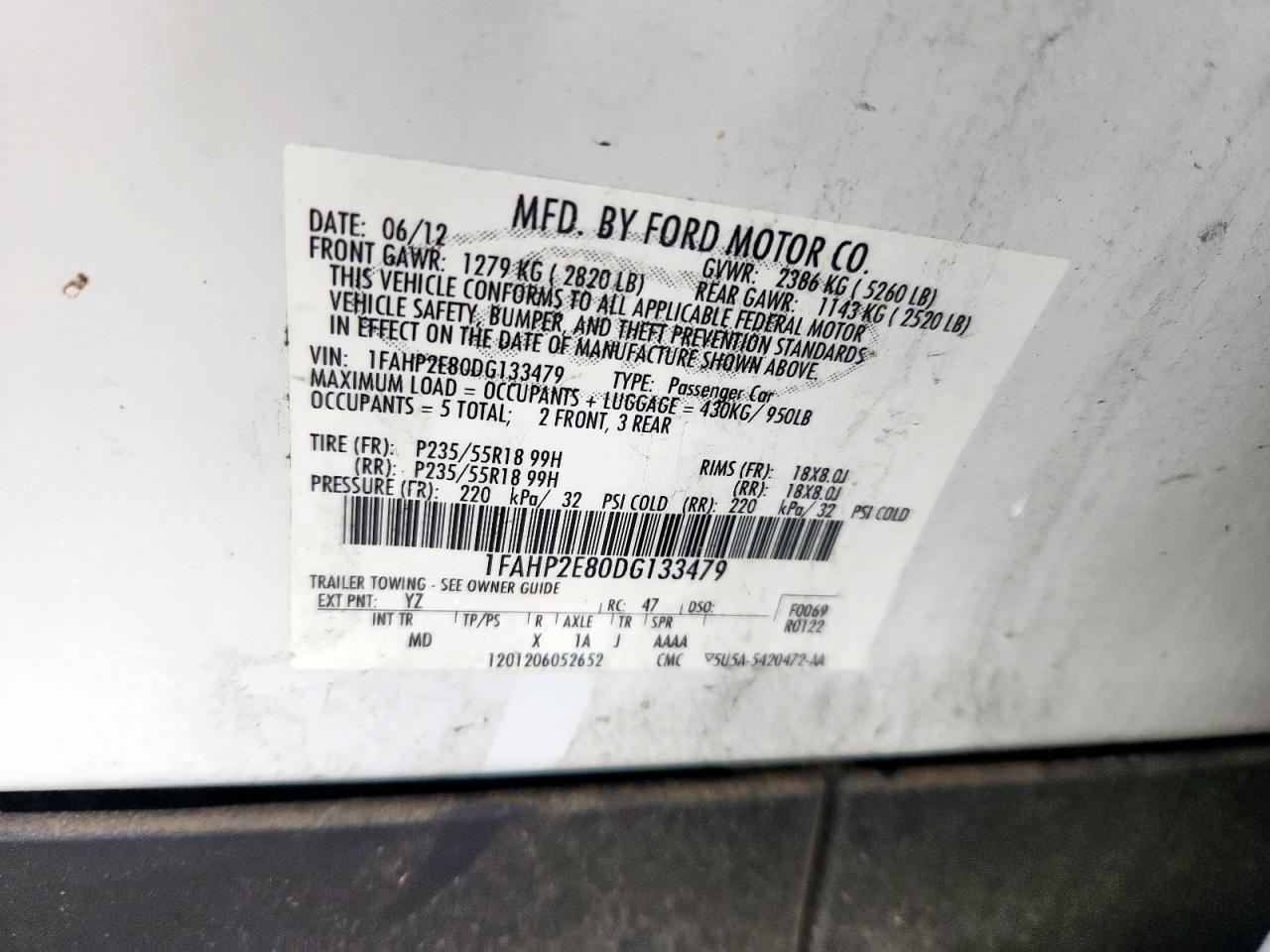 2013 Ford Taurus Sel VIN: 1FAHP2E80DG133479 Lot: 59936765