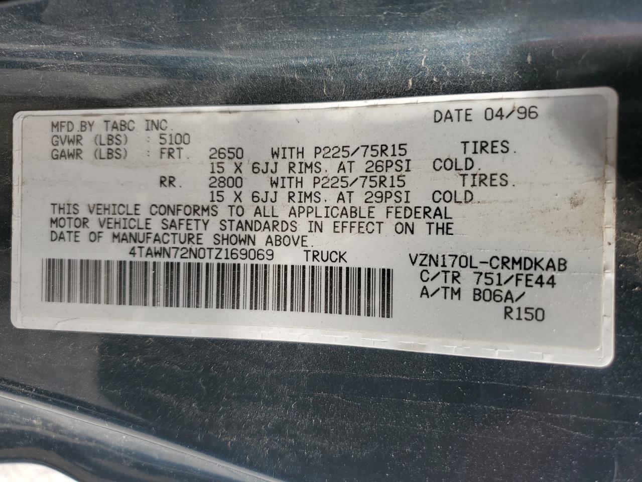 1996 Toyota Tacoma Xtracab VIN: 4TAWN72N0TZ169069 Lot: 61929615