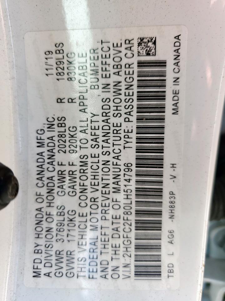 2020 Honda Civic Sport VIN: 2HGFC2F80LH514796 Lot: 61040175