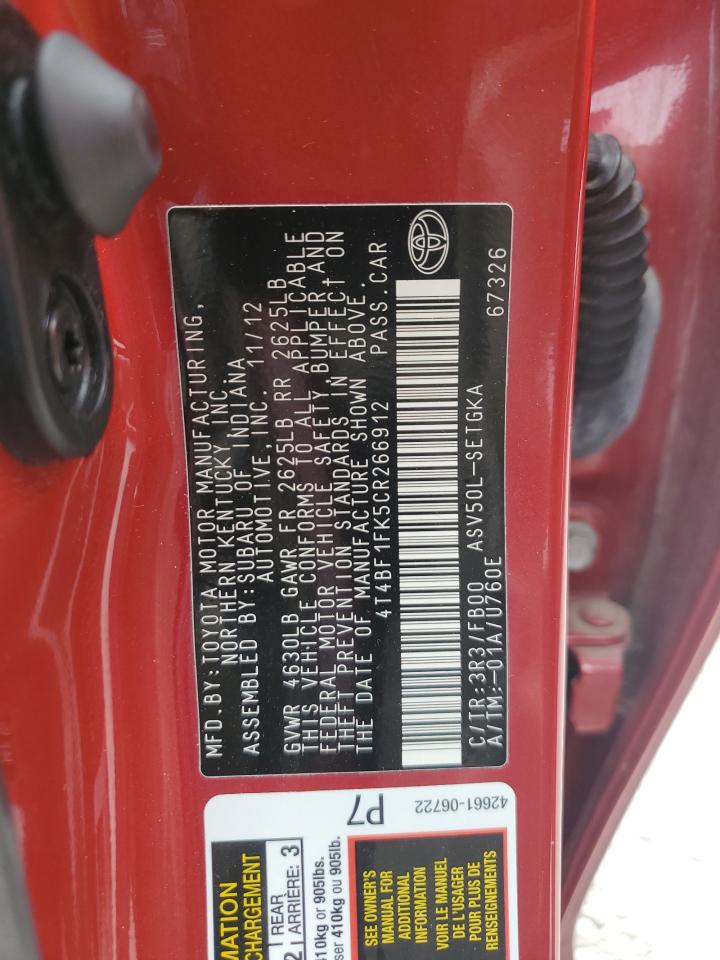 2012 Toyota Camry Base VIN: 4T4BF1FK5CR266912 Lot: 61802695