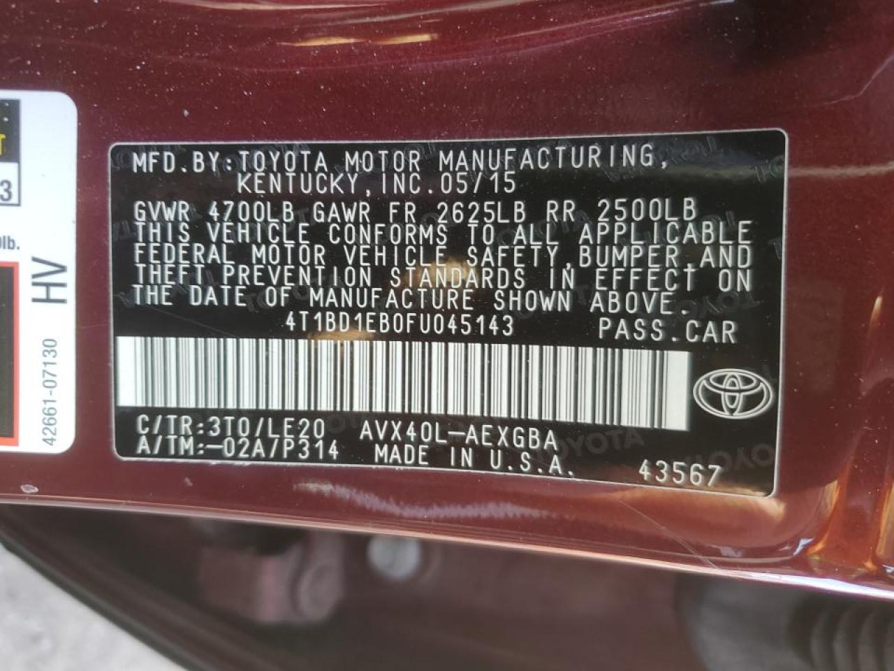 4t1bd1eb0fu045143 4T1BD1EB0FU045143 2015 Toyota Avalon Hybrid