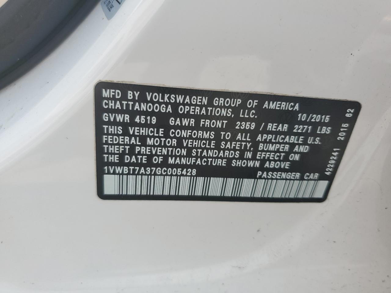 2016 Volkswagen Passat Se VIN: 1VWBT7A37GC005428 Lot: 62476035