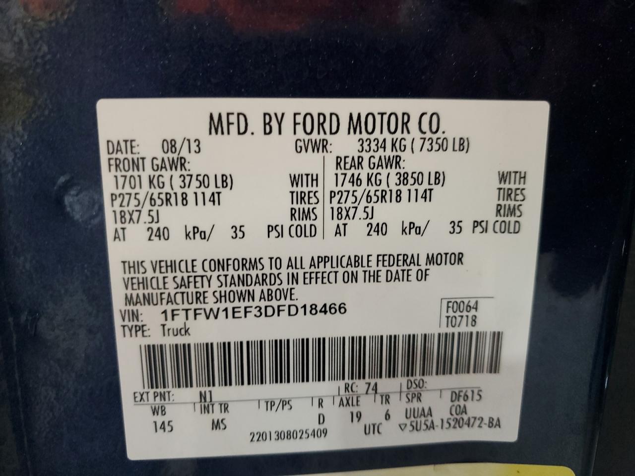 2013 Ford F150 Supercrew VIN: 1FTFW1EF3DFD18466 Lot: 60837685