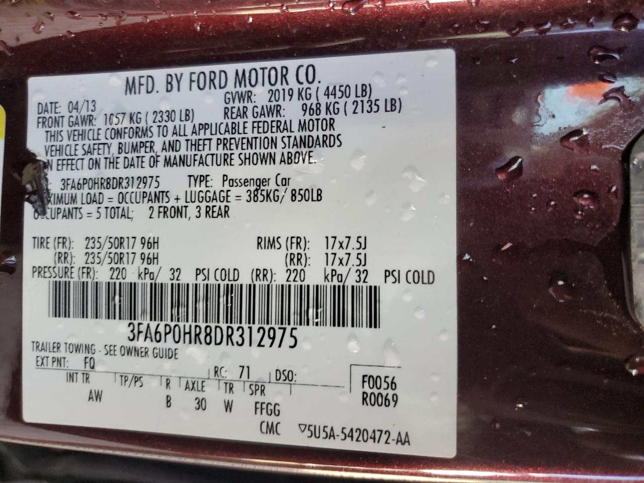 2013 Ford Fusion Se VIN: 3FA6P0HR8DR312975 Lot: 62747035
