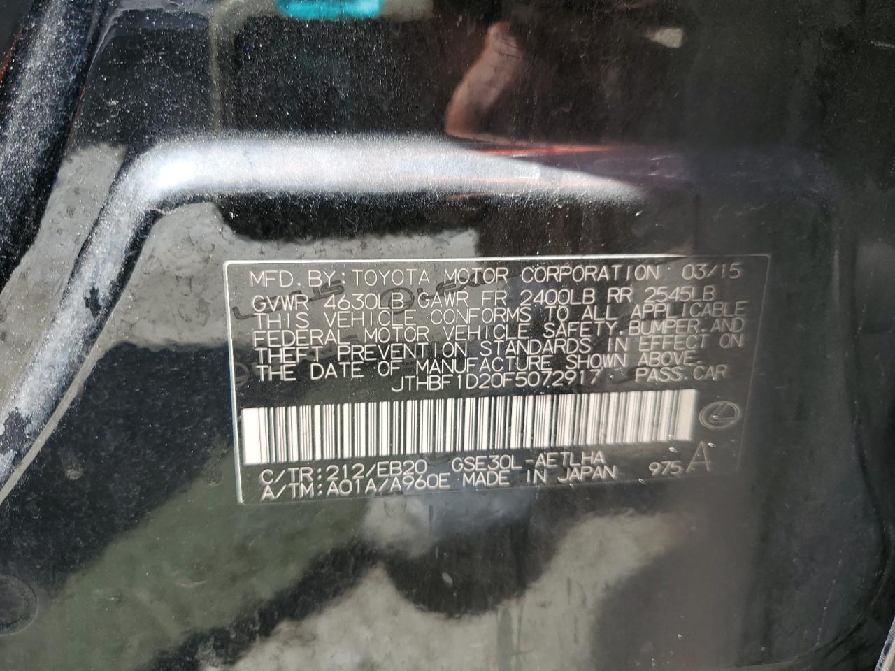 2015 Lexus Is 250 VIN: JTHBF1D20F5072917 Lot: 62384825