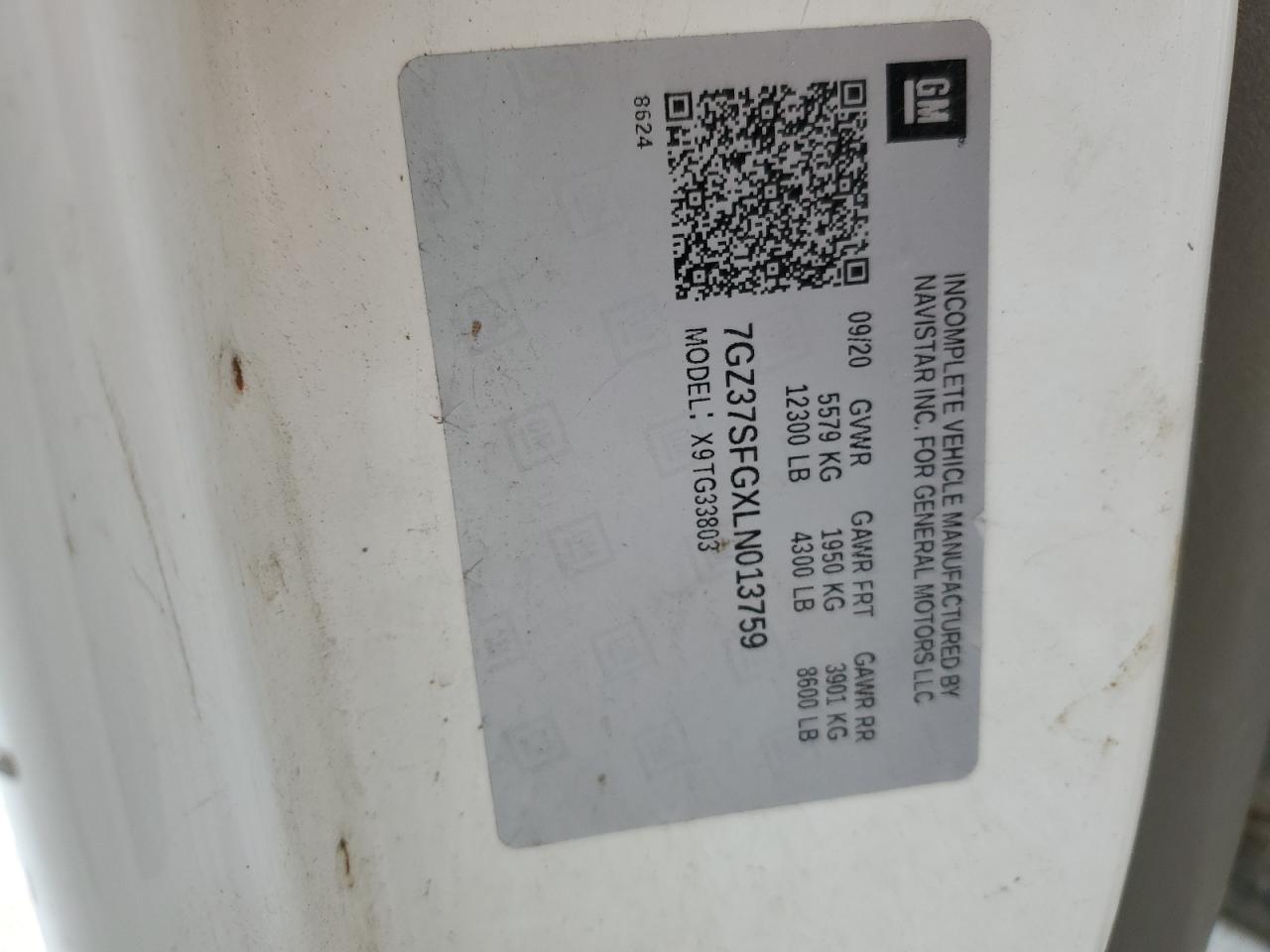 2020 GMC Savana Cutaway G3500 VIN: 7GZ37SFGXLN013759 Lot: 59098325